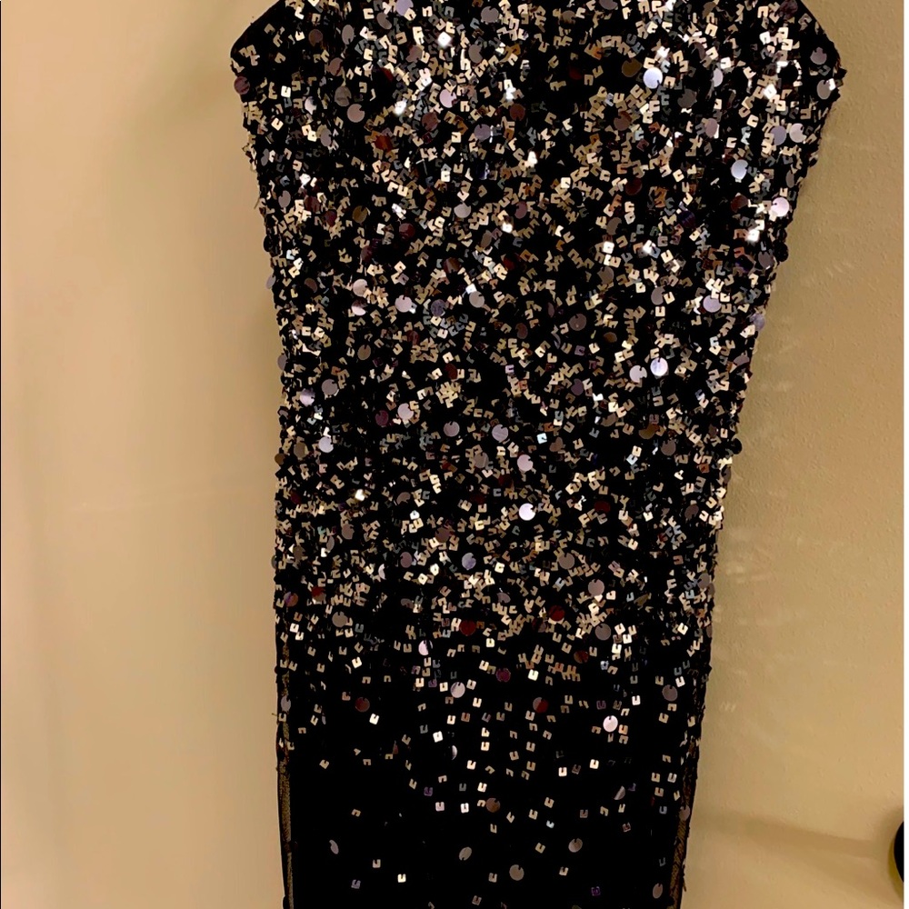 Adrianna Papell dark blue sequin strapless formal dress